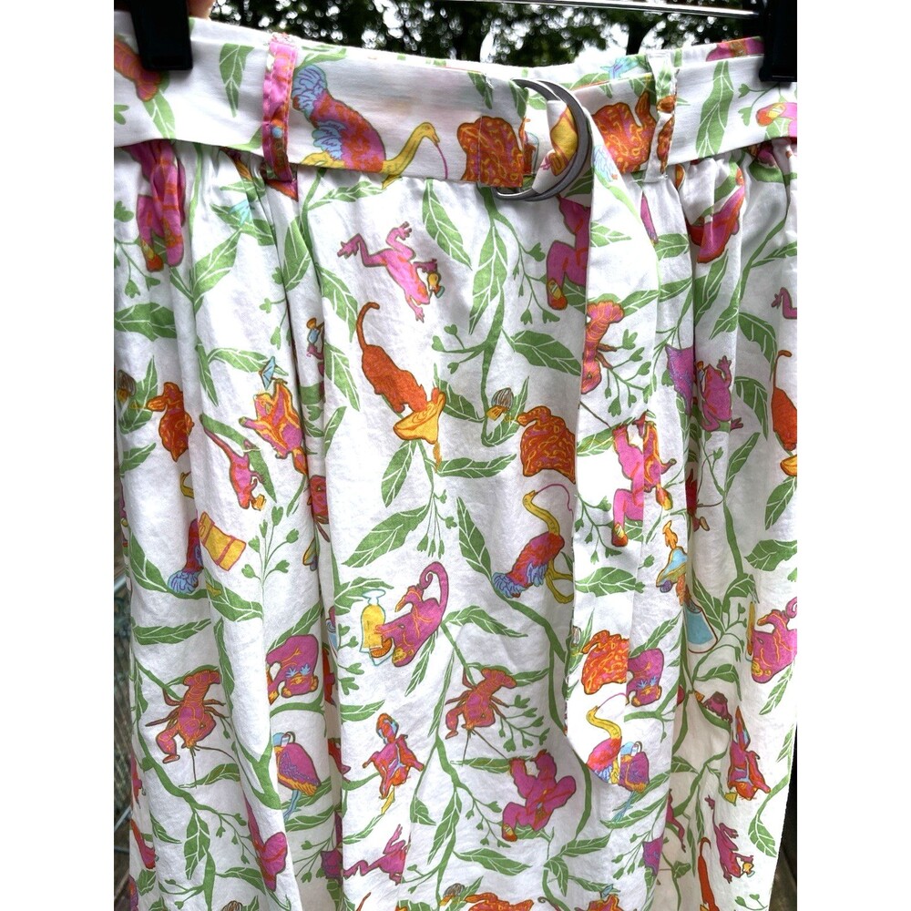 ModCloth A-Line Tropical Margarita Print Skirt Belted Lined Monkeys Birds Size 0